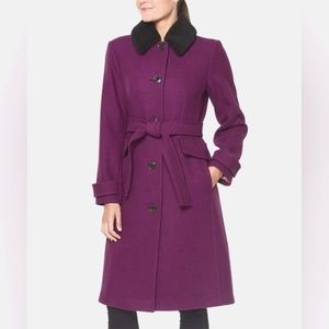 Kate Spade ● Bright Violet Sherpa-Collar Belted Wool-Blend Peacoat